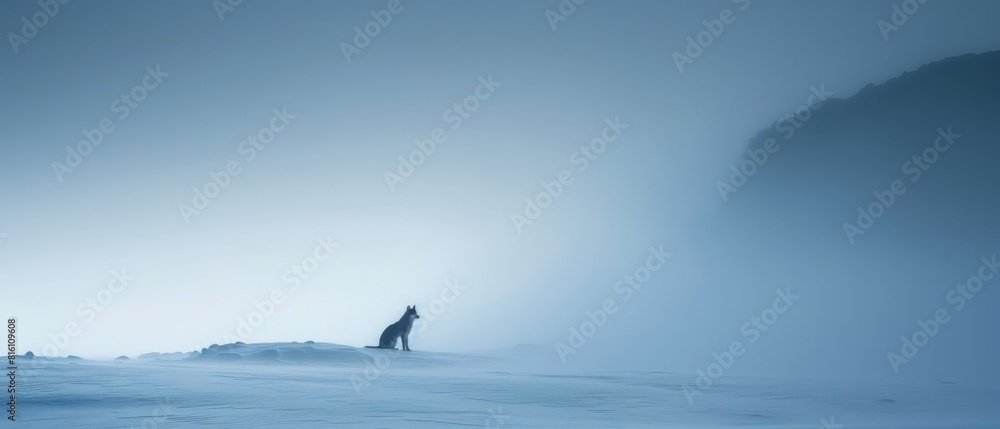 Fototapeta premium Wolf in Foggy Winter Landscape, Solitude in Arctic Snow, Copy Space