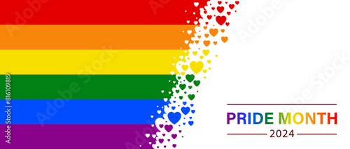 Vector banner with LGBTQ flag for Social media posts, stories, websites. LGBT rainbow symbol poster template. Sticker for the celebration of pride month. Pride Day. Vector illustration. © TestersDesigns