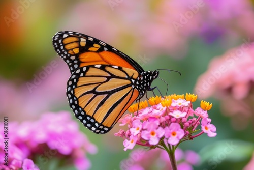 Close-up of a vivid monarch butterfly perched on vibrant pink flowers with a soft-focus background
