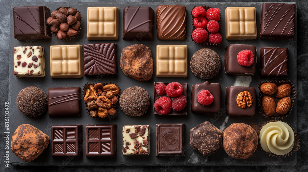 A visually stunning composition featuring a gourmet chocolate tasting, with an assortment of handcrafted chocolates arranged on a marble slab, as diners explore the rich variety of A visually stunning composition featuring a gourmet chocolate tasting, with an assortment of handcrafted chocolates arranged on a marble slab, as diners explore the rich variety of