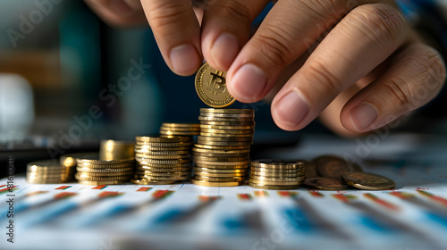 Financial Growth and Strategic Planning   Hands Stacking Coins with Financial Charts in Background Symbolizing Business Success   Photo Realistic Stock Concept
