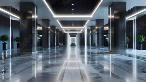 Interior of illuminated empty spacious lobby with black ceiling and columns and marble floor in luxury penthouse stylish apartment   Generative AI