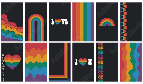 Instagram stories template for lgbt pride month. Rainbow groovy backgrounds set