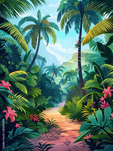 Lush jungle flat design side view adventure theme animation Vivid