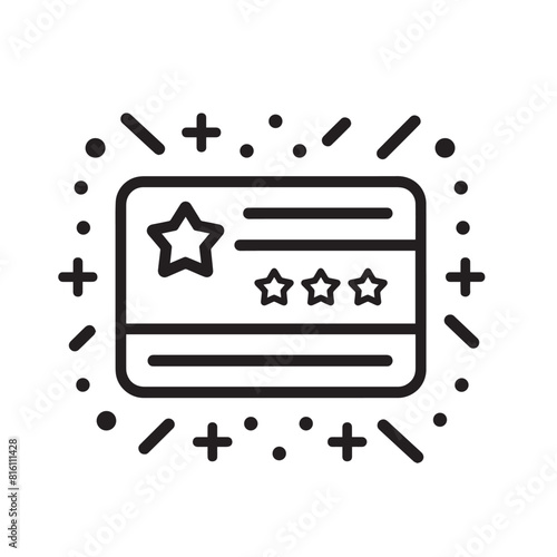 a simple black and white flat icon for a customer that's being rewarded with a coupon with small subtle stars and lines outline