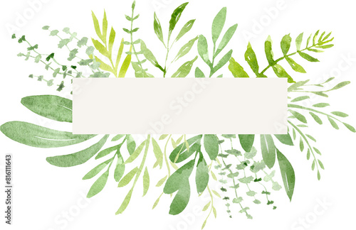 Greenery watercolor frame. Foliage background. Watercolor decoration for your design.