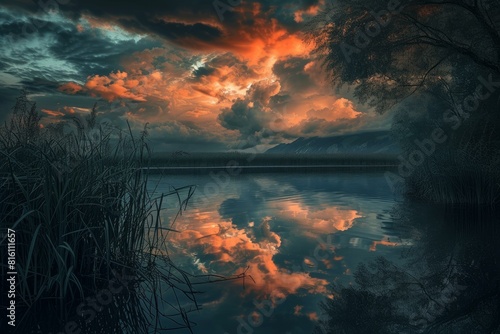 Serene lake scene with a fiery sunset sky reflected in still waters, framed by silhouetted foliage photo