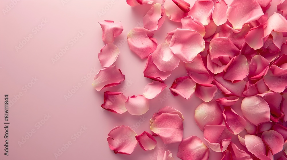 Fototapeta premium Scattered Rose Petals on a Soft Pink Background, Romantic Floral Display. Delicate and Serene, Perfect for Invitations and Love Themes. AI