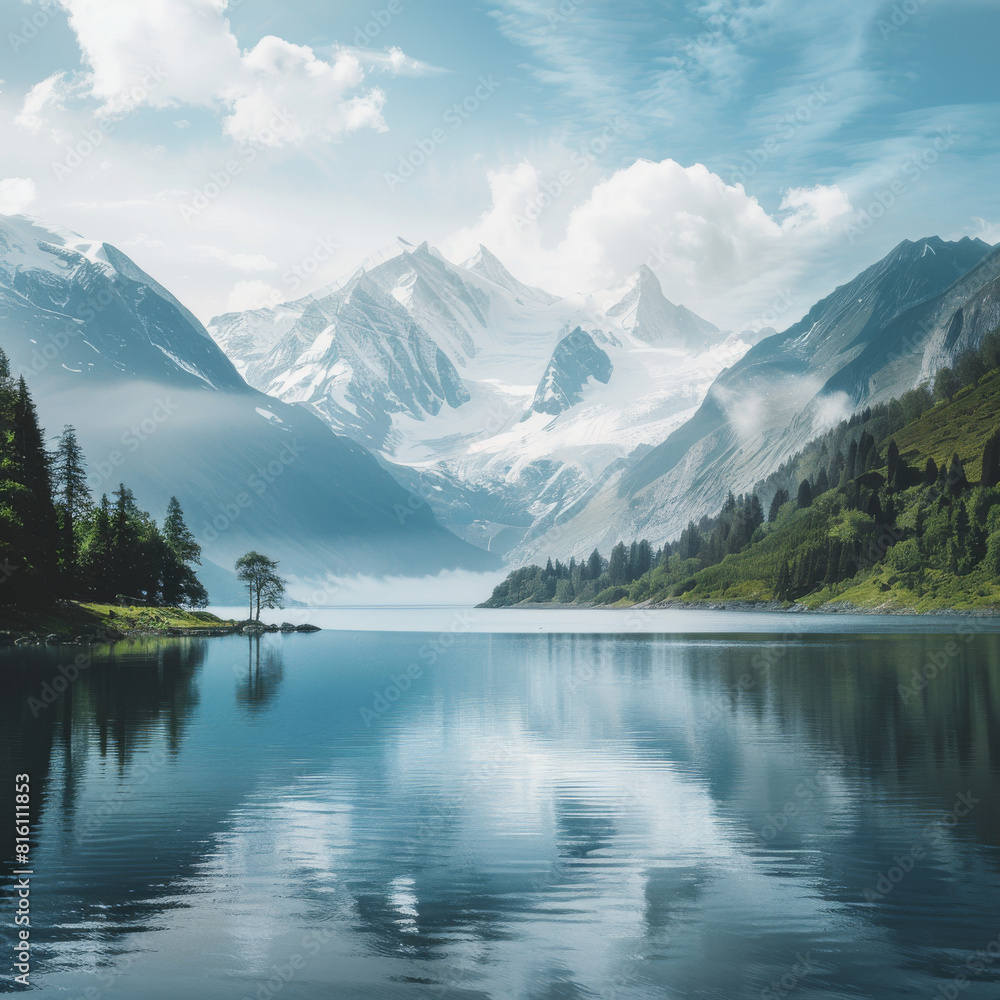 Tranquil lake surrounded by snow-capped mountains Tranquil lake surrounded by snow-capped mountains