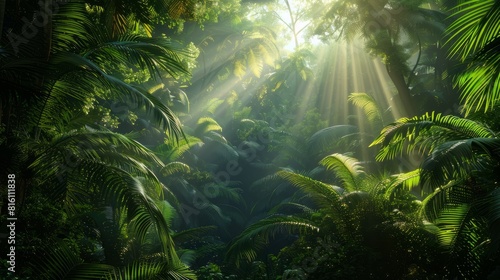 Dark rainforest  sun rays through the trees  rich jungle greenery. Atmospheric fantasy forest. 3D illustration. hyper realistic 