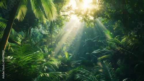 Dark rainforest, sun rays through the trees, rich jungle greenery. Atmospheric fantasy forest. 3D illustration. hyper realistic  © Business Pics