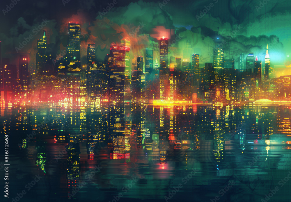 A vibrant cityscape at night