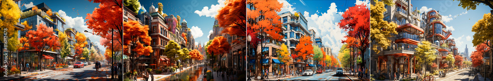 4 pictures, Beautiful and colorful image of a city street. Includes buildings, trees and community events. Conveys the brightness and architecture of urban spaces.
