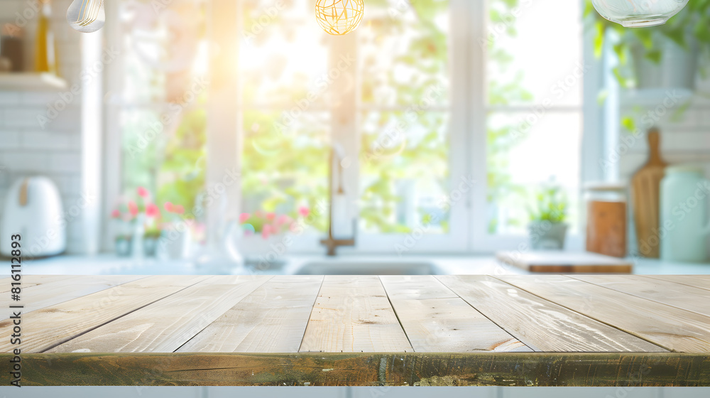 Wood table top on blur kitchen window background can be used for display or montage your products or foods : Generative AI Wood table top on blur kitchen window background can be used for display or montage your products or foods : Generative AI
