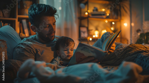 A Captivating Moment: Parent Reading Bedtime Story to Child Warm Bonding and Intimate Parenthood in Cozy Setting Photo Realistic Candid Shot in Adobe Stock