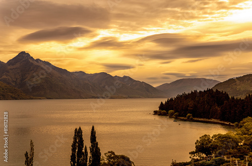 Lake Wakatipu at sunset, Otago, South Island, New Zealand, Oceania. photo
