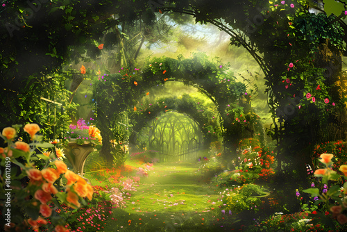 A serene and magical fairytale garden with colorful flower arches and greenery  perfect for fantasy-themed designs or peaceful natural backgrounds.