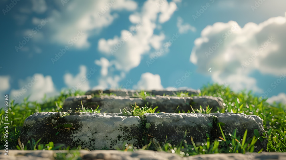 Fototapeta premium stone steps on the grass in the sky clouds : Generative AI