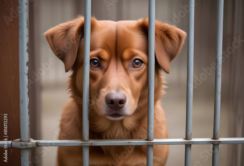 Stray homeless dog in animal shelter cage. Sad abandoned hungry dog looks with huge eyes in refuge. Dog adoption, rescue photo
