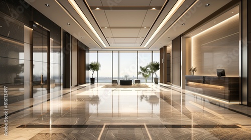 Contemporary business hall with a sleek modern design featuring luxurious furnishings and spacious interiors for a sophisticated corporate environment - 