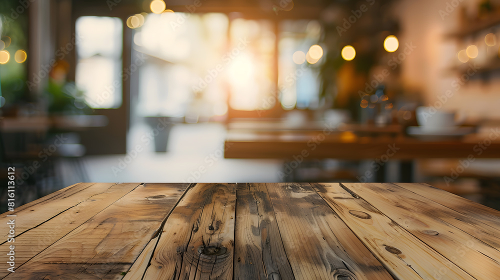 Empty wood table with blur interior coffee shop restaurant or cafe for background : Generative AI Empty wood table with blur interior coffee shop restaurant or cafe for background : Generative AI