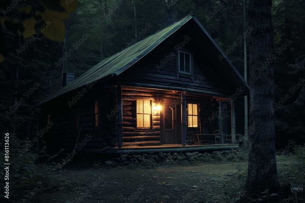 Cozy wooden cabin nestled in a tranquil forest, illuminated by a warm interior light at dusk Cozy wooden cabin nestled in a tranquil forest, illuminated by a warm interior light at dusk