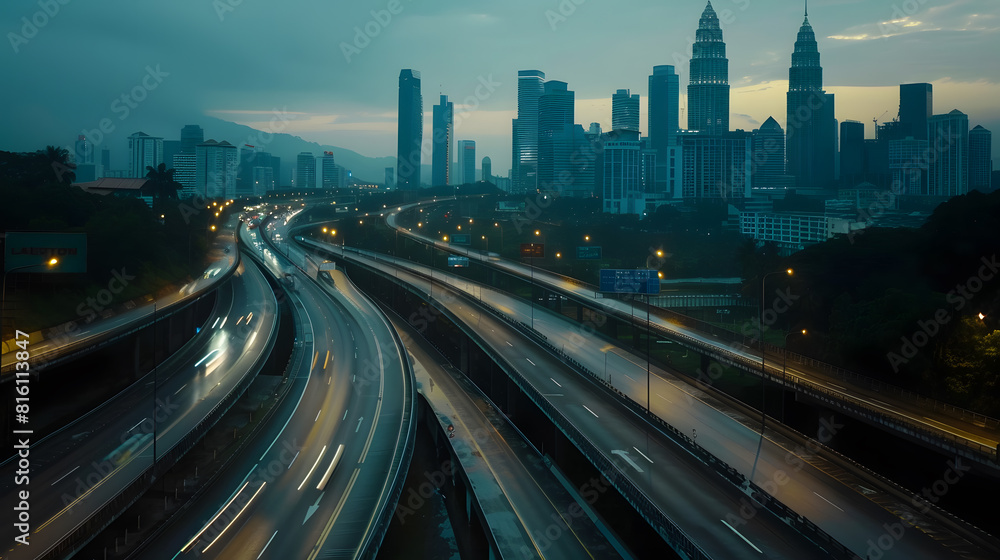 Obraz premium Low angle curvy flyover highway moving forward road with kuala lumpur cityscape evening scene view : Generative AI
