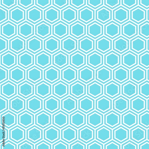 Hexagons Geometric Design Repeating Pattern, Vertical, Soft Cyan, White Line