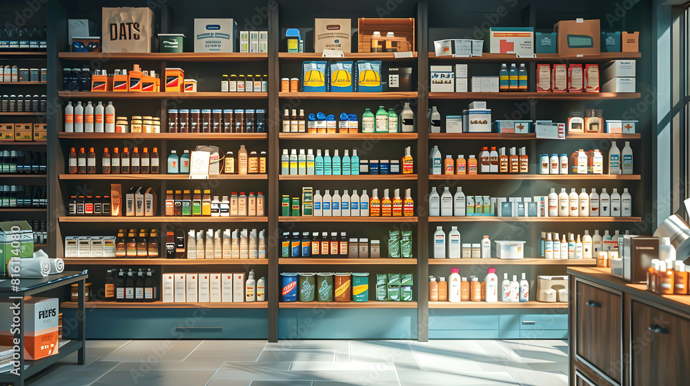 Photo realistic concept of a retail shop owner organizing products on shelves showcasing importance of inventory management and presentation in small business retail operations