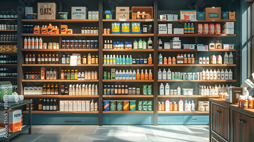 Photo realistic concept of a retail shop owner organizing products on shelves showcasing importance of inventory management and presentation in small business retail operations