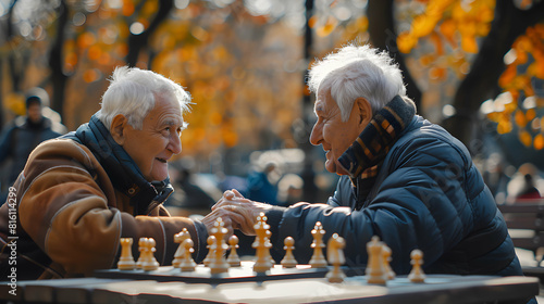 Seniors playing chess in park: Strategy, companionship, and leisure Candid photo of seniors immersed in chess game, enjoying outdoor setting with natural expressions.
