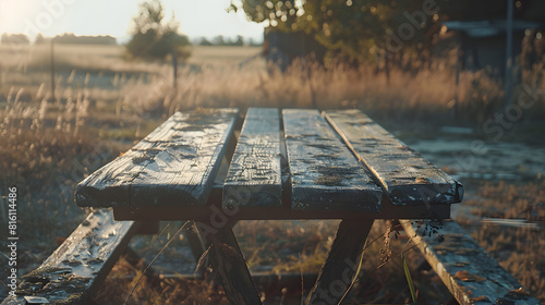 Old forgotten wooden table and bench in the summer at empty field Zaporozhye Ukraine 22 August 2018 : Generative AI photo