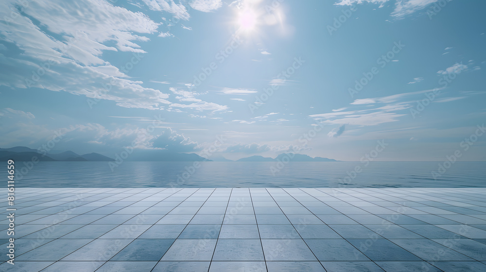 Empty square floor and lake with sky cloud landscape : Generative AI Empty square floor and lake with sky cloud landscape : Generative AI