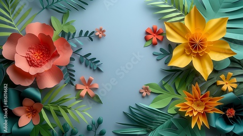 A stunning arrangement of multicolored paper flowers and lush greenery creates a captivating backdrop for a solitary white card  positioned against a serene grey surface