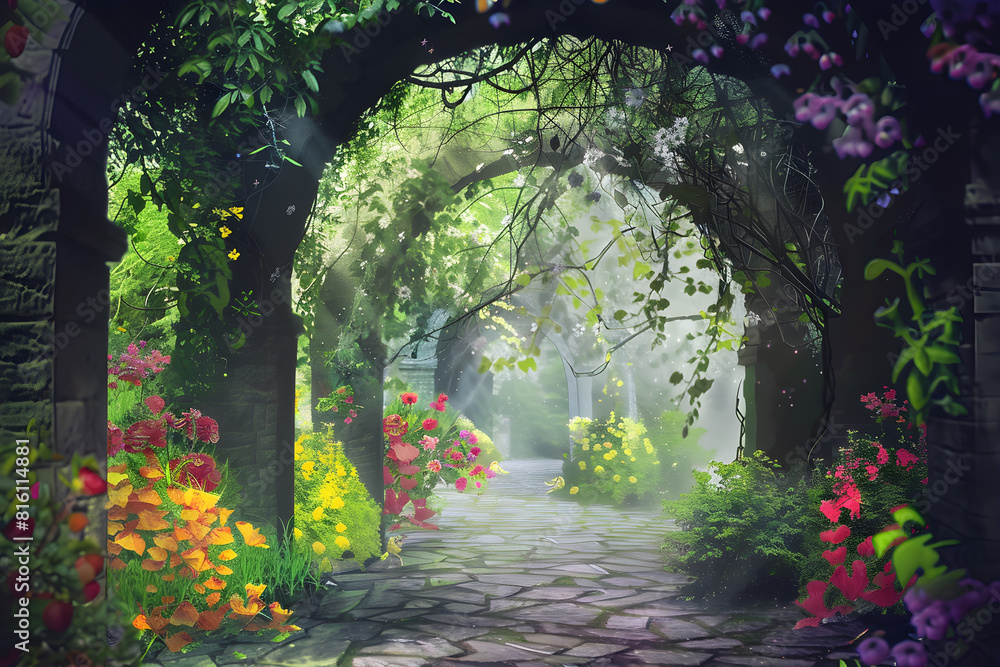 Fototapeta premium A beautiful secret fairytale garden with flower arches and colorful greenery, perfect for fantasy-themed designs and nature-related content.