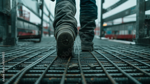 Close up of worker walking on metal platform at construction site. 