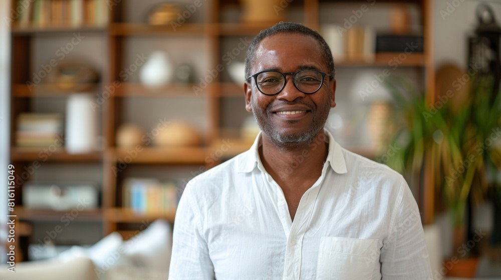 Fototapeta premium Portrait of smiling mature man with beard standing with crossed arms. Confident african man with folded arms at home looking at camera. Happy senior in casual feeling good.