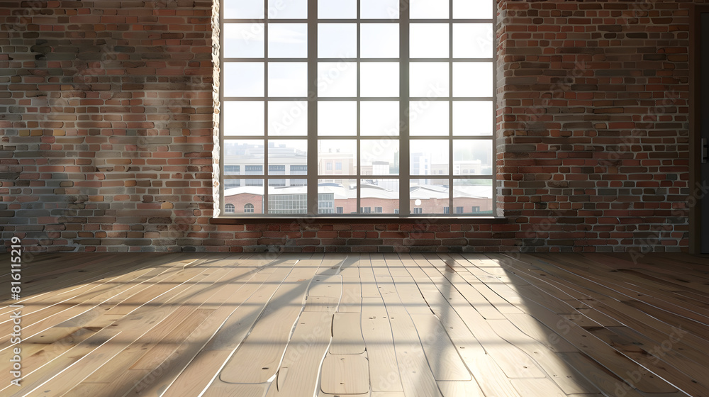 Empty room with big window in loft styleWooden floor and brick wall in a modern interior 3D render : Generative AI Empty room with big window in loft styleWooden floor and brick wall in a modern interior 3D render : Generative AI