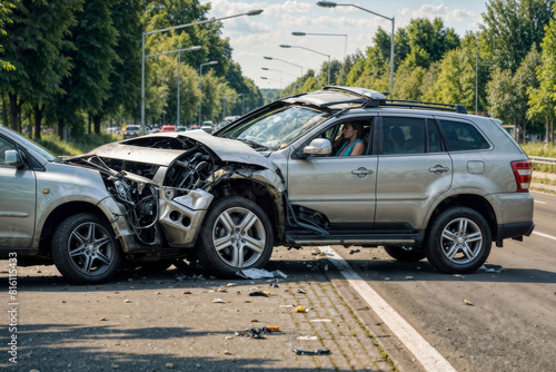 An SUV collided with another car in a dangerous car crash on a motorway in the city on a summer day.