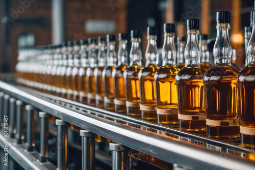 The conveyor belt is filled with whiskey bottles. Efficient modern conveyor for filling expensive whiskey into glass bottles on a blurred background