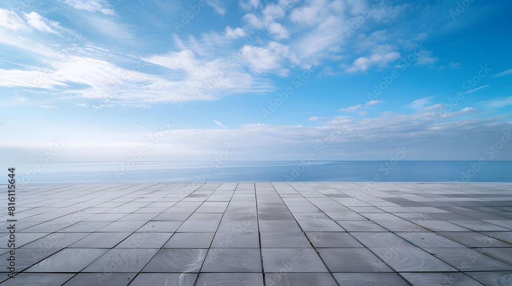 Empty square floor and lake under blue sky : Generative AI Empty square floor and lake under blue sky : Generative AI