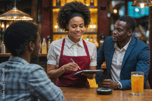 Portrait of Afro waitress with a notepad taking an order opposite a client. Afro waitress takes an order in a restaurant or pub