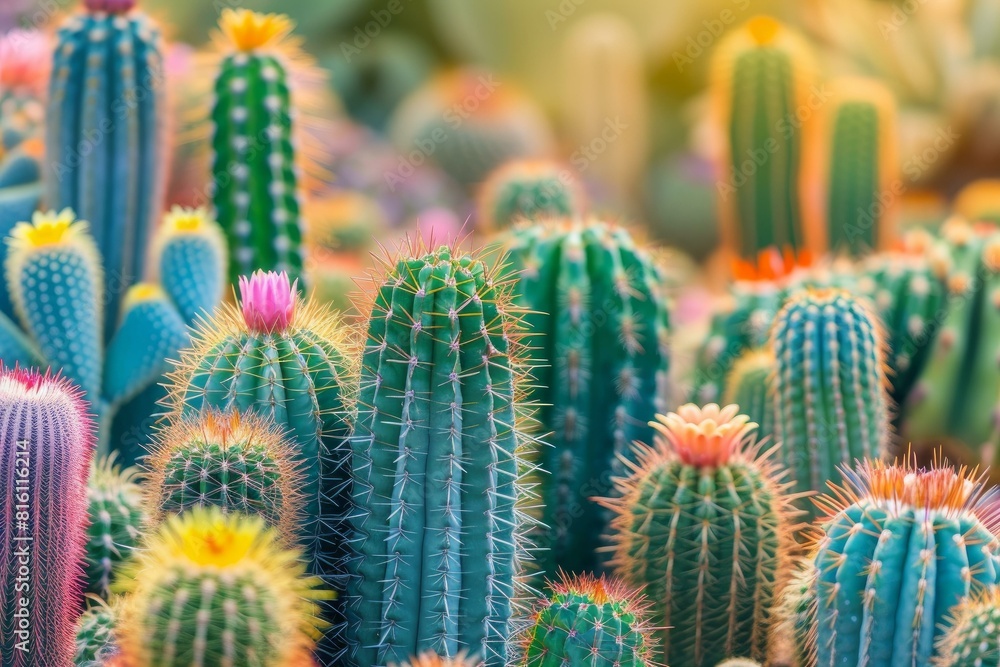 Vibrant and varied collection of cacti with a dreamy, soft-focus background