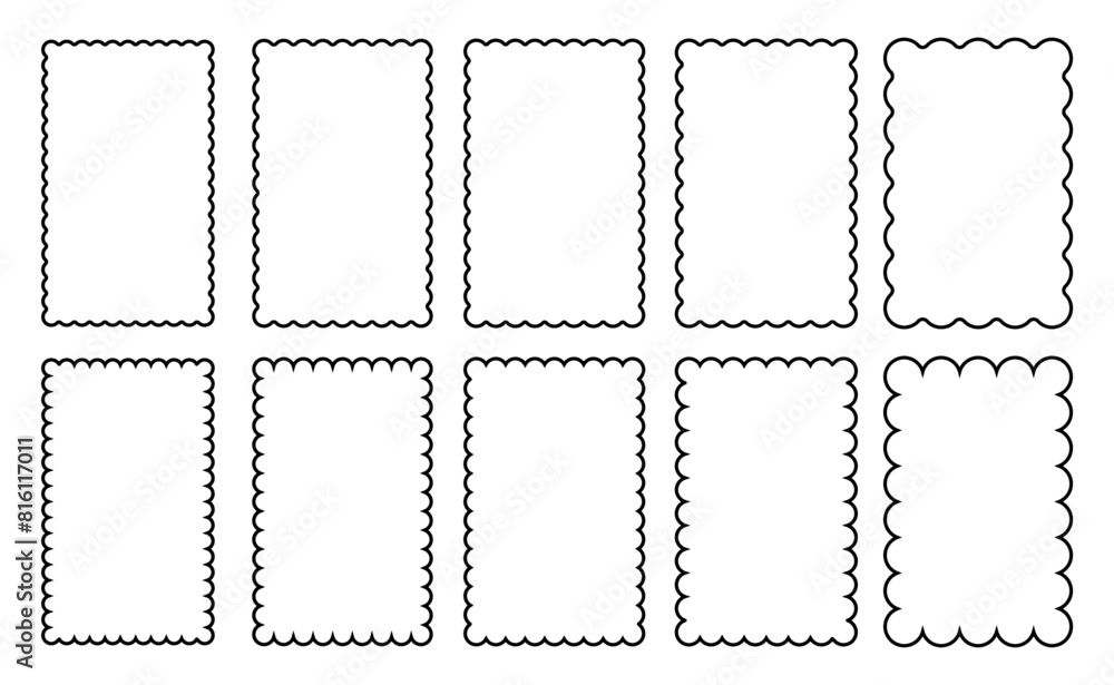 Set of rectangle frames with wavy edges. Editable wiggly borders rectangular shapes collection. Scallop edge square shape isolated on transparent background. Set of rectangle frames with wavy edges. Editable wiggly borders rectangular shapes collection. Scallop edge square shape isolated on transparent background.