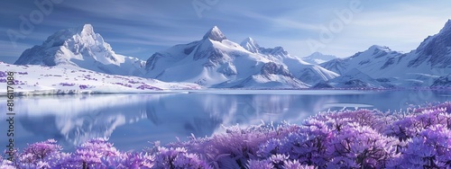 mountain winter landscape. frozen lake, white snow-capped mountains and cloudless sky, purple flowers near with lake photo