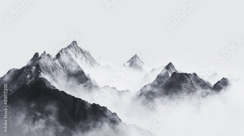 panorama of the majestic mountain range in monochrome beauty, black and white background, graphic concept with shape of valley, dark visual art, landscape with fog, panorama wallpaper, AI © Business Pics