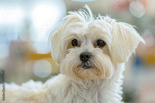 white maltese dog portrait in a grooming salon