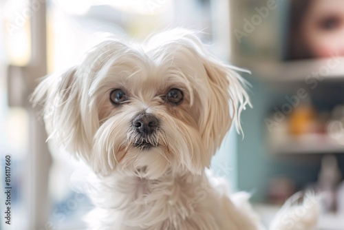 white maltese dog portrait in a grooming salon