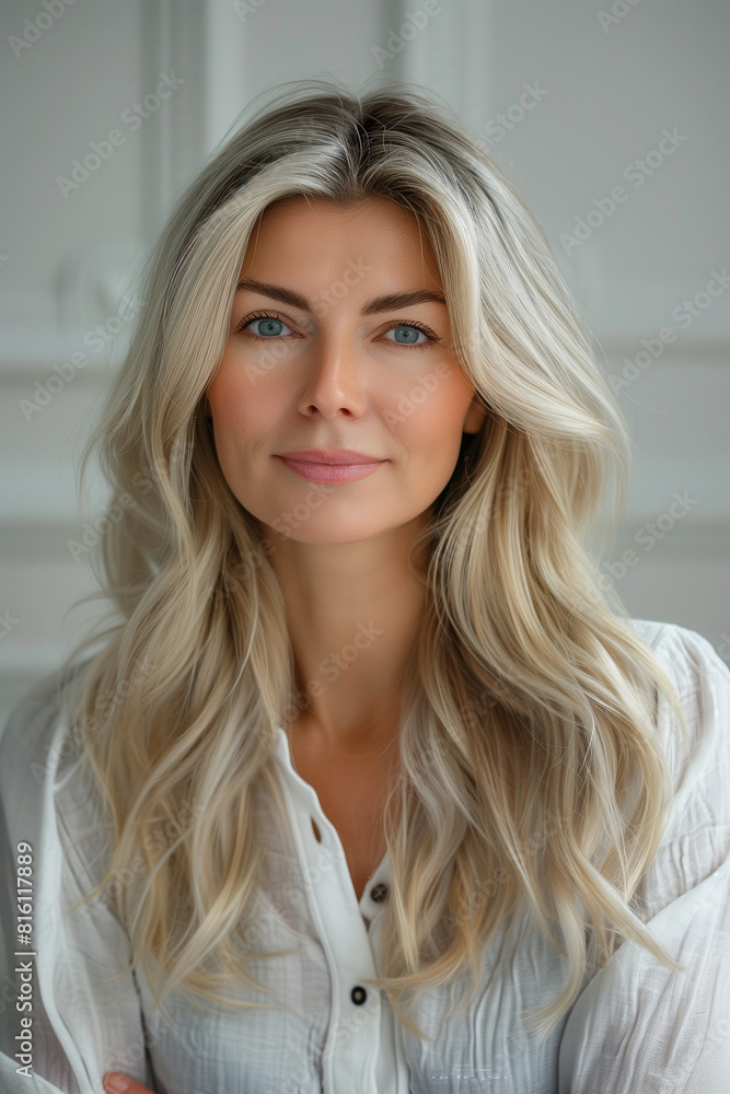 Front view portrait of mature woman on a white background Front view portrait of mature woman on a white background