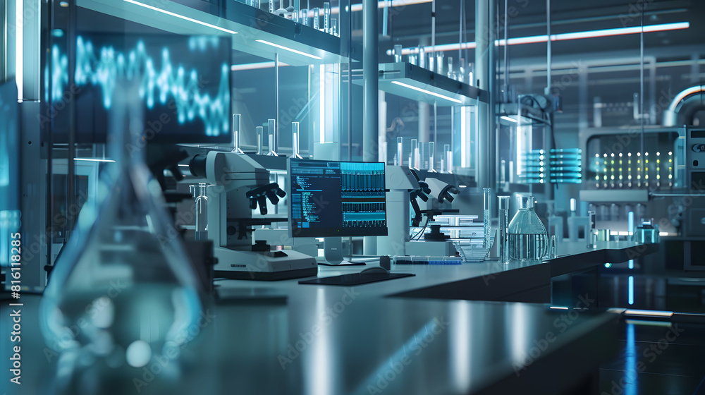 Fototapeta premium Modern Empty Biological Applied Science Laboratory with Technological Microscopes Glass Test Tubes Micropipettes and Desktop Computers and Displays PCs are Running Sophisticated DNA Ca : Generative AI